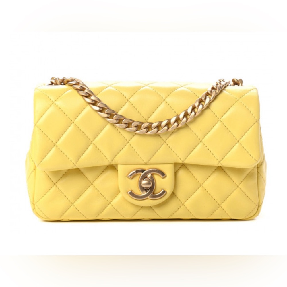 ❌SOLD❌CHANEL Lambskin Resin Quilted Mini Rectangular Pearl Samba Flap Yellow